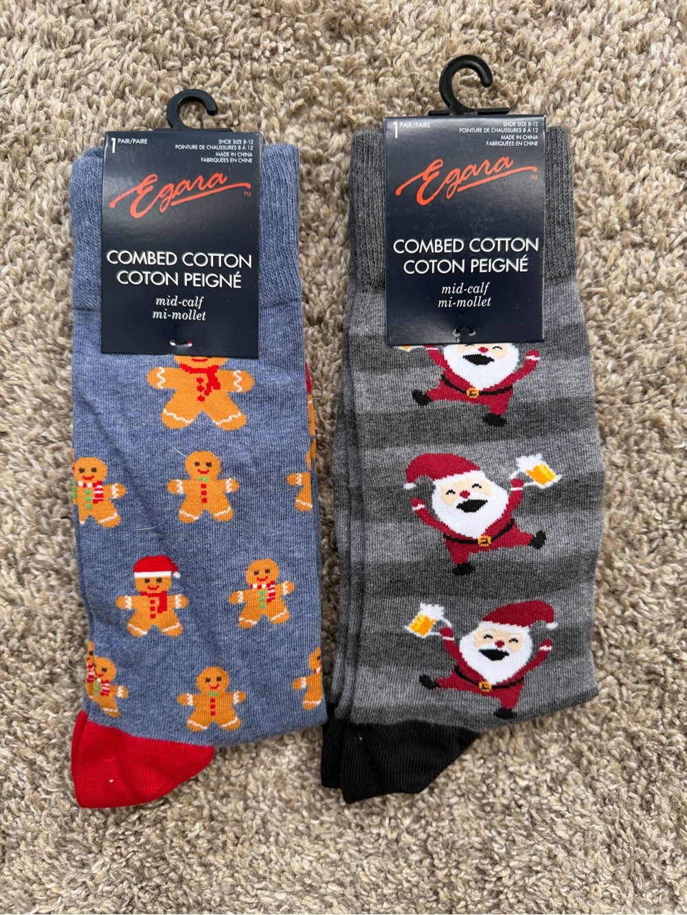 Egara Gingerbread & Santa Mid-Calf Socks - Blue & Gray